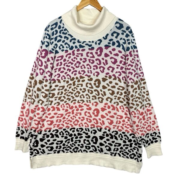 Soft Surroundings Leone Sweater 1X Rainbow Leopard Print Turtleneck Longline - Picture 1 of 14